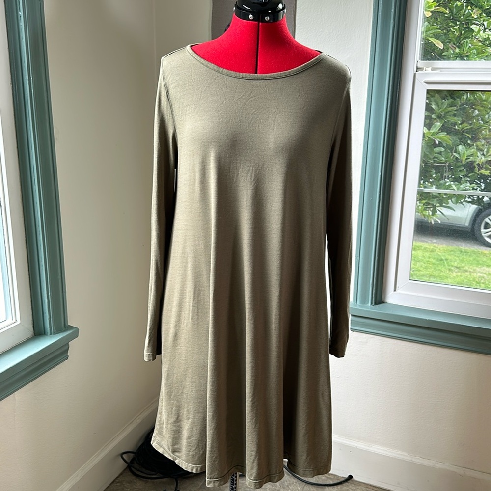 Wool& Olive Green Merino Wool Rowena Long Sleeve Swing Dress
